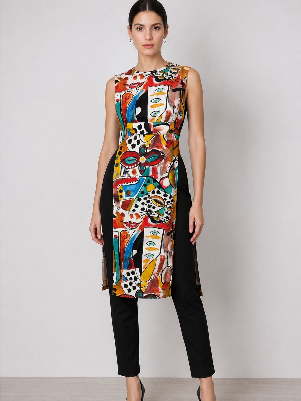 Stella Jean Abstract Art Print Open Side Tie Back Cotton Tunic Top XXS
